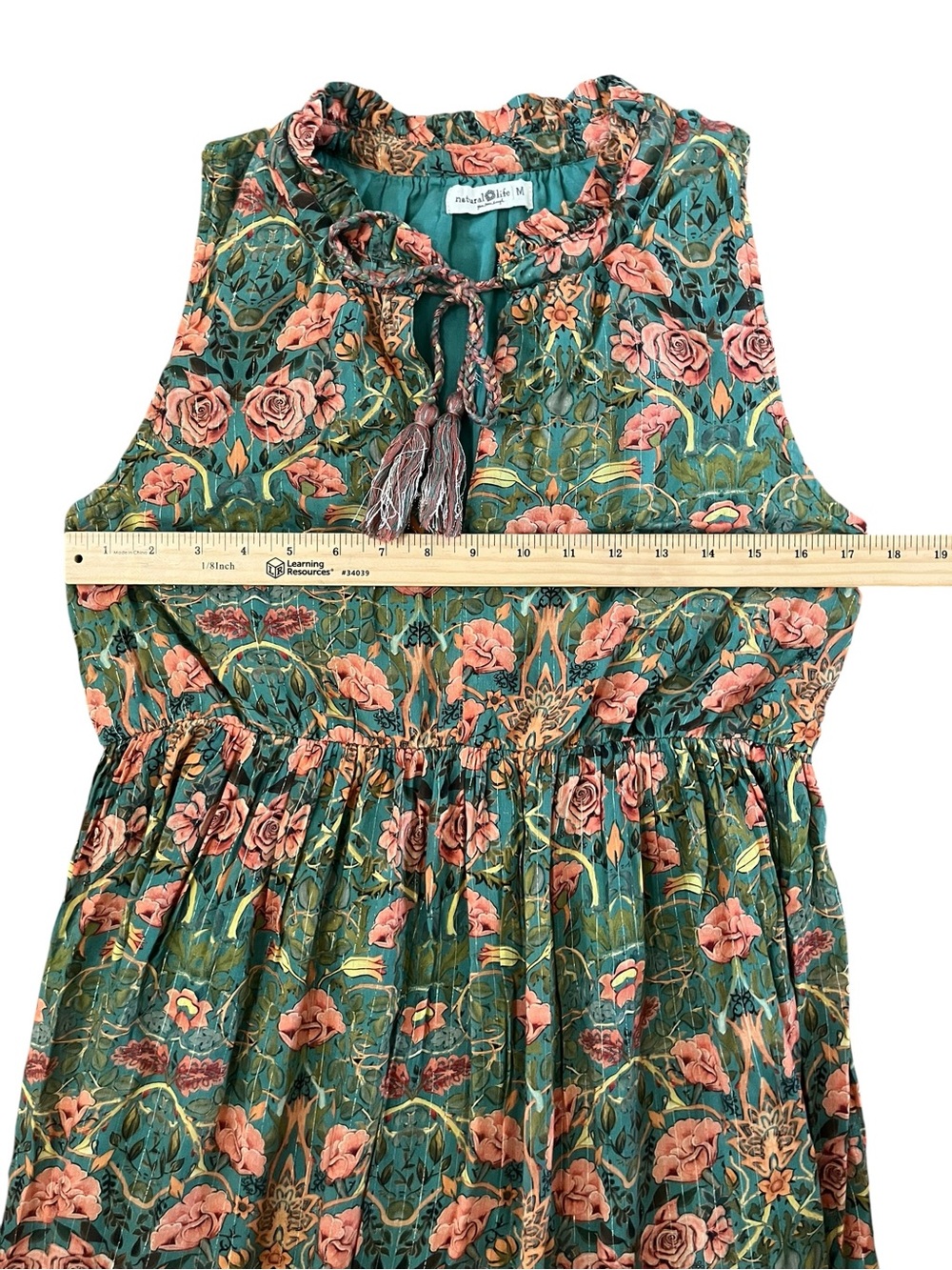 Natural Life Green Floral Metallic Lurex Tiered Maxi Dress Size Medium - Picture 11 of 12
